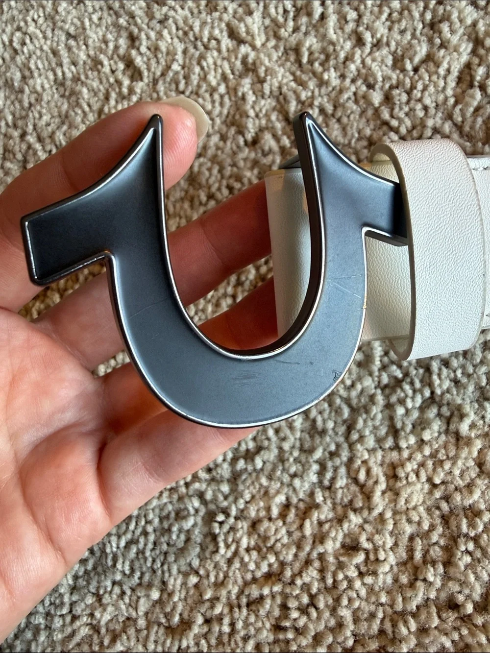 True Religion White Leather Belt with Black Horseshoe Buckle